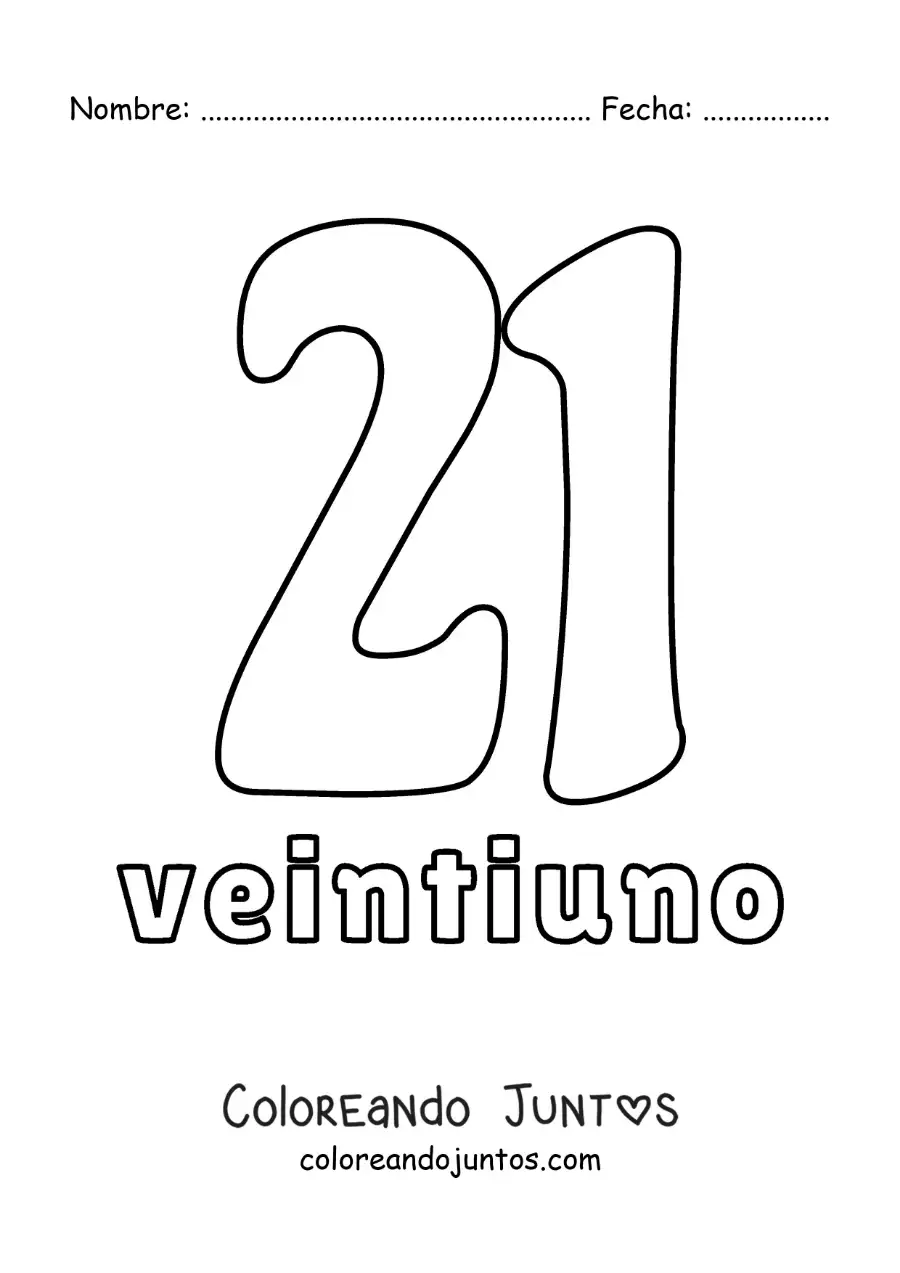 Imagen para colorear de ficha del 21 para aprender los números naturales