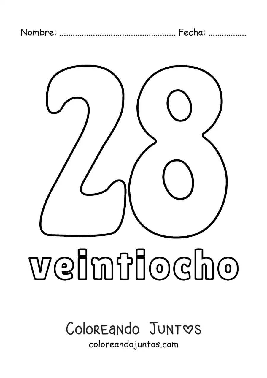 Imagen para colorear de ficha del 28 para aprender los números naturales