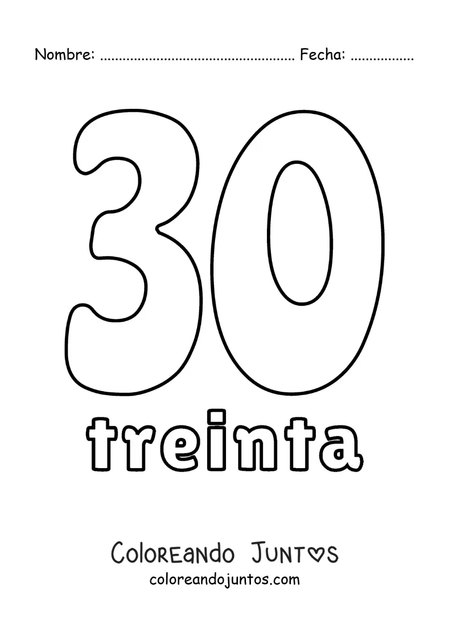 Imagen para colorear de ficha del 30 para aprender los números naturales