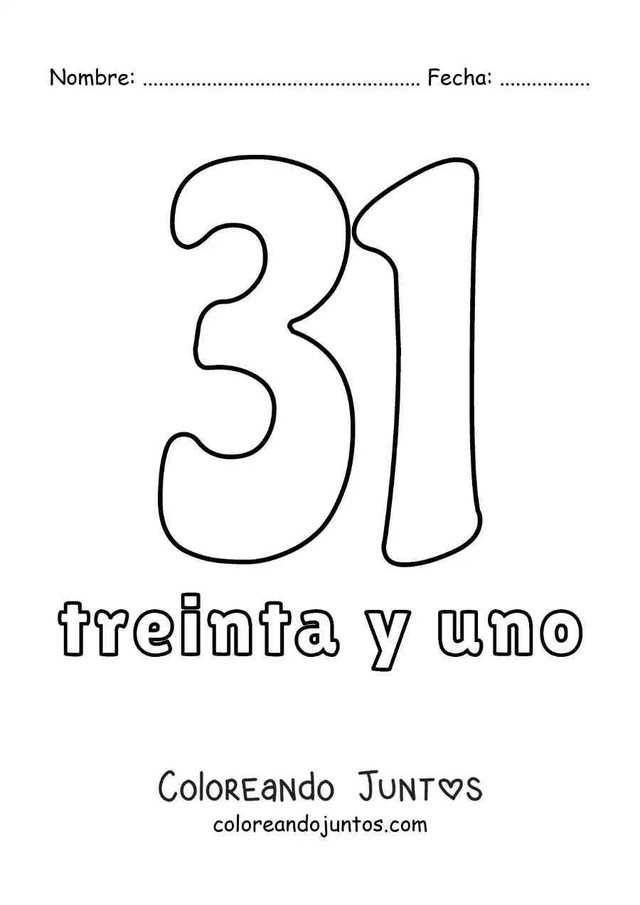 Imagen para colorear de ficha del 31 para aprender los números naturales