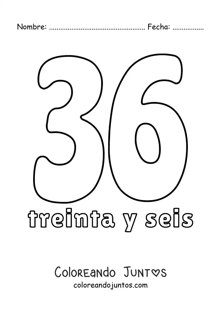 Imagen para colorear de ficha del 36 para aprender los números naturales