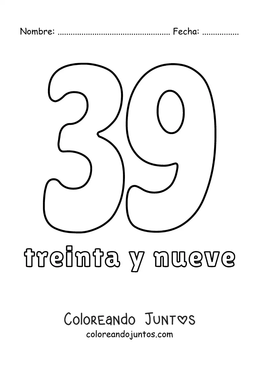 Imagen para colorear de ficha del 39 para aprender los números naturales