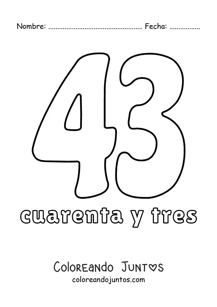 Imagen para colorear de ficha del 43 para aprender los números naturales