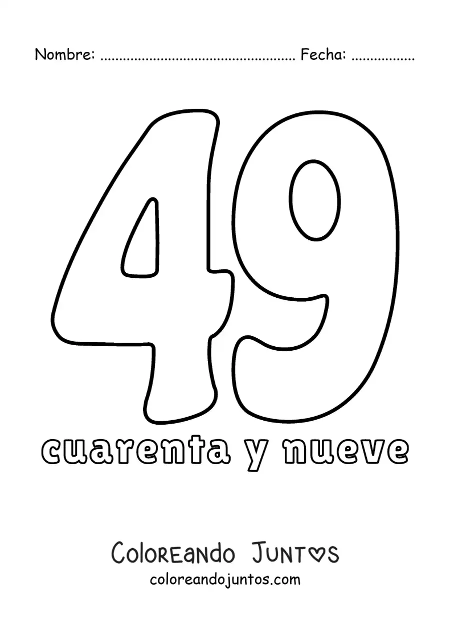 Imagen para colorear de ficha del 49 para aprender los números naturales