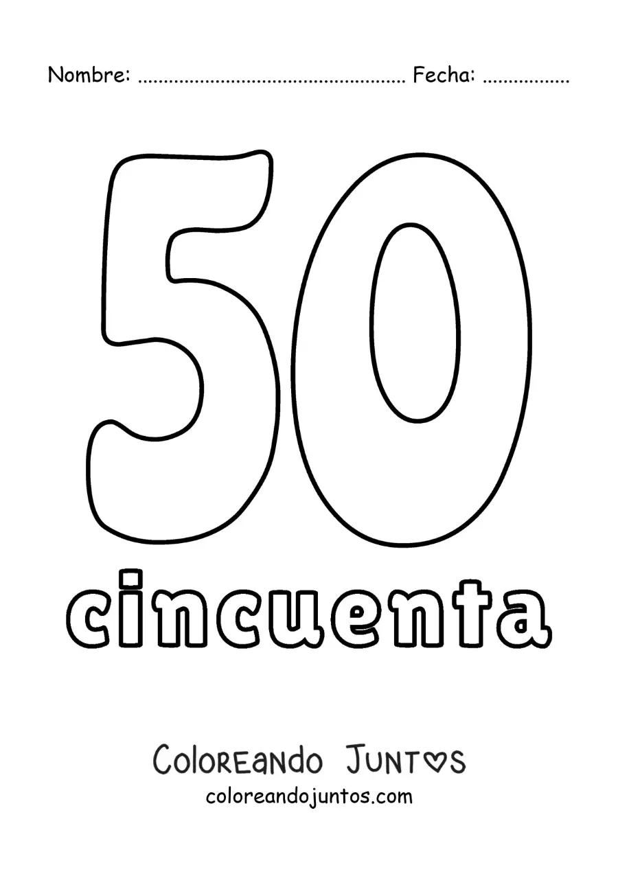 Imagen para colorear de ficha del 50 para aprender los números naturales