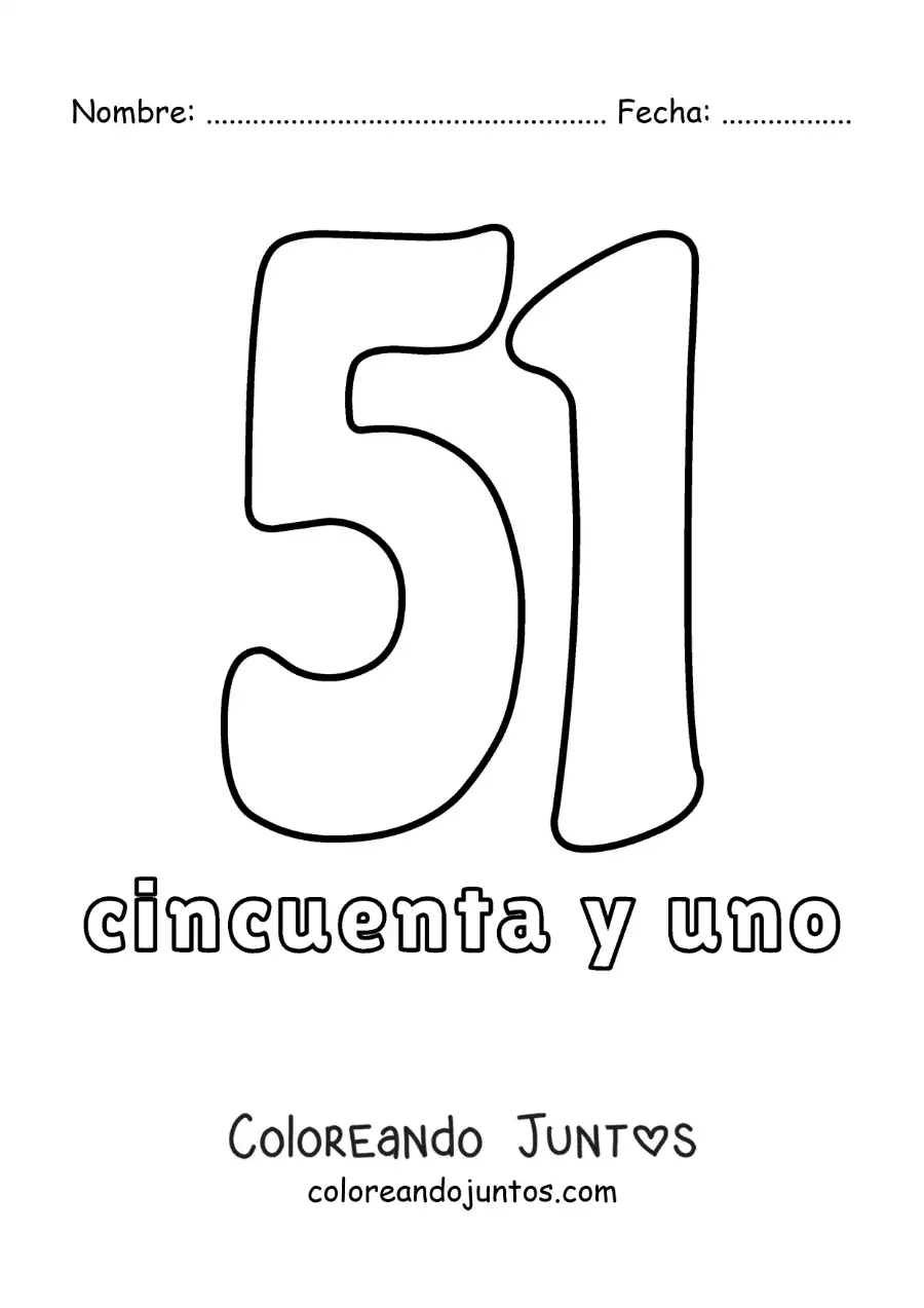 Imagen para colorear de ficha del 51 para aprender los números naturales