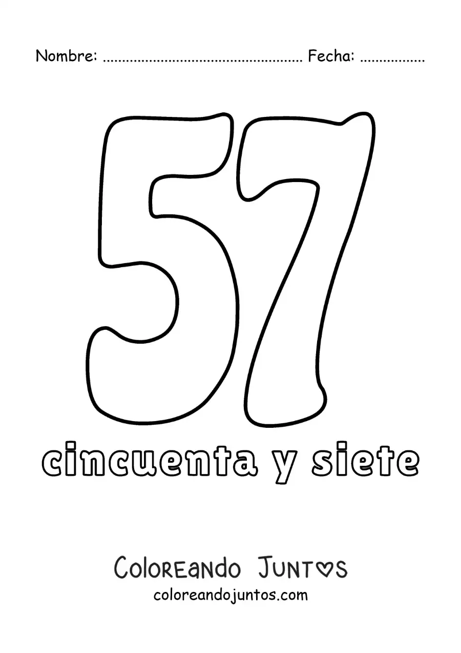 Imagen para colorear de ficha del 57 para aprender los números naturales