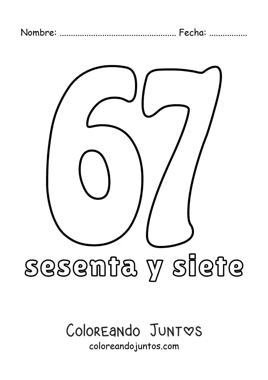 Imagen para colorear de ficha del 67 para aprender los números naturales