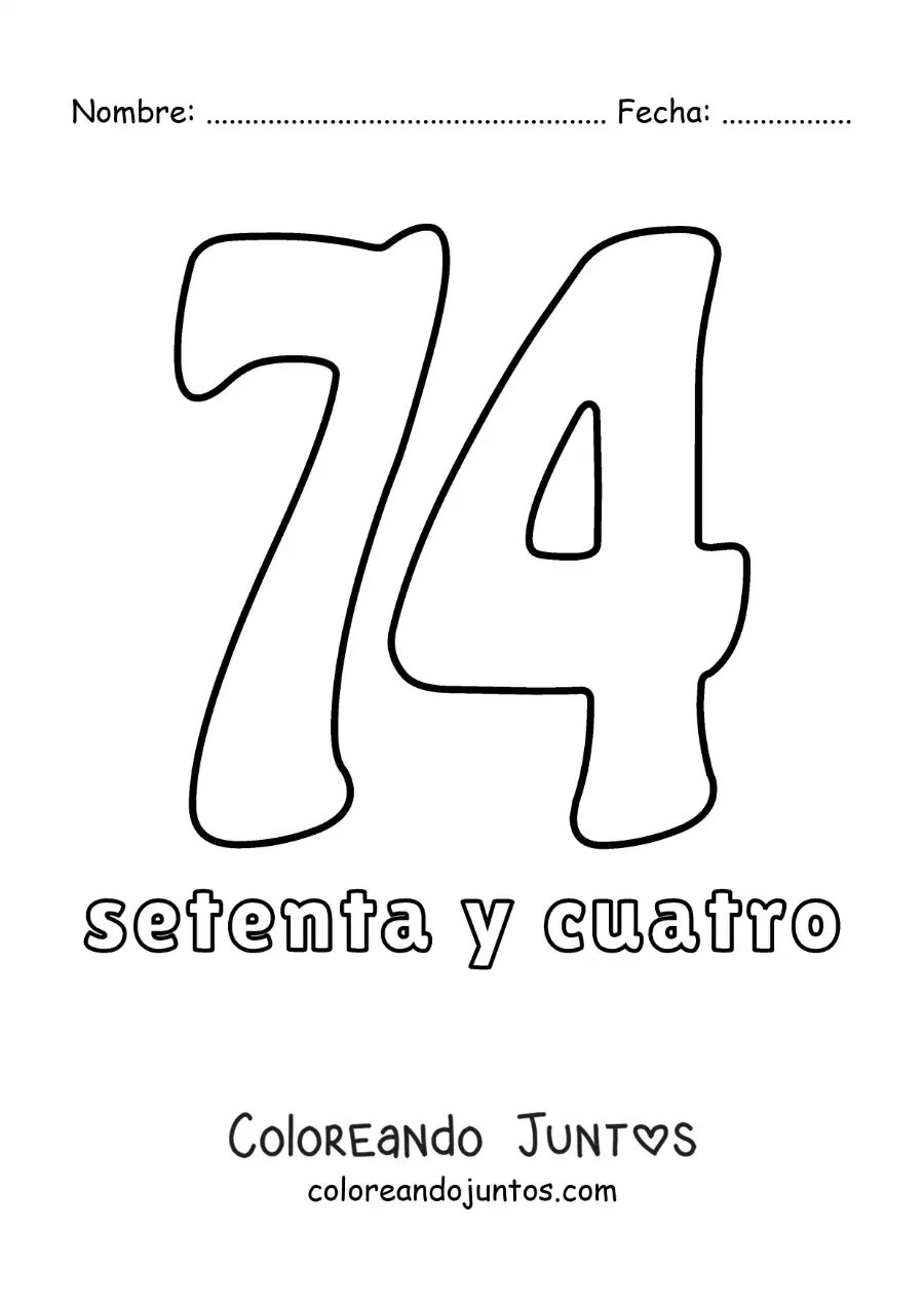 Imagen para colorear de ficha del 74 para aprender los números naturales