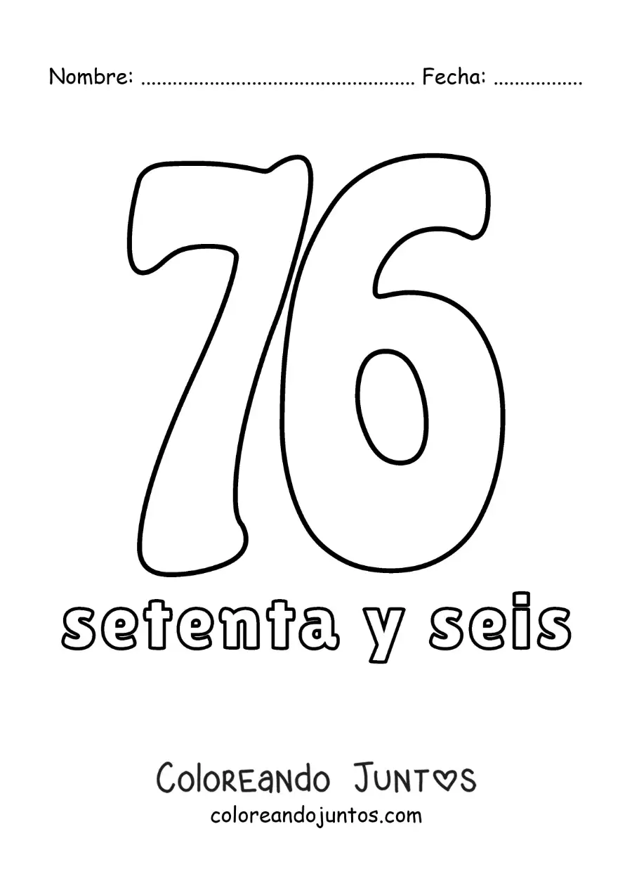 Imagen para colorear de ficha del 76 para aprender los números naturales