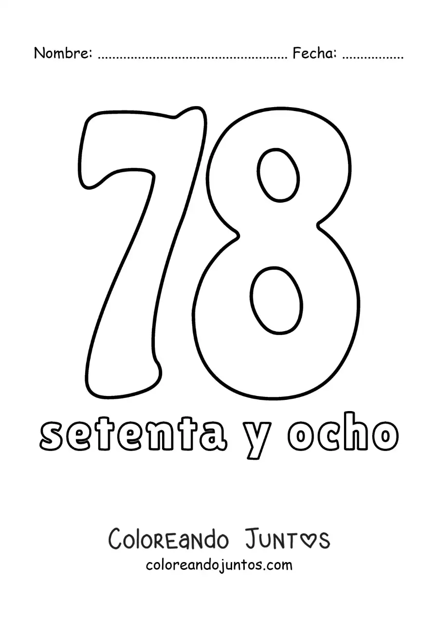 Imagen para colorear de ficha del 78 para aprender los números naturales