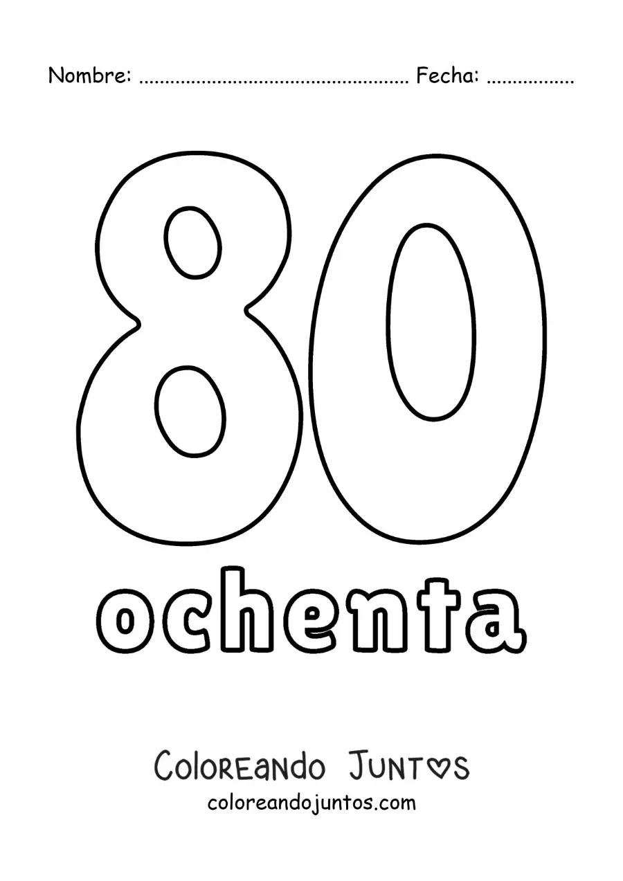Imagen para colorear de ficha del 80 para aprender los números naturales