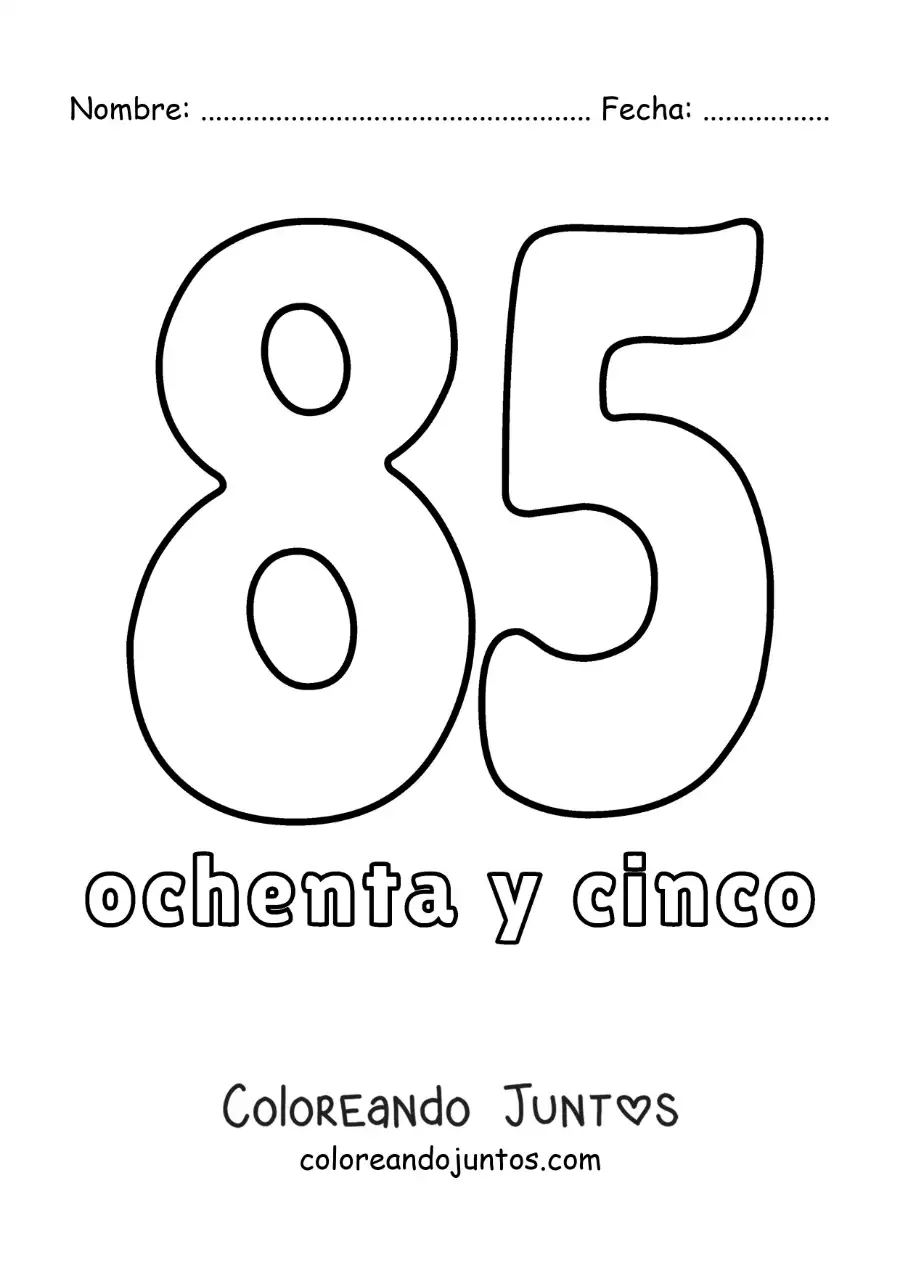 Imagen para colorear de ficha del 85 para aprender los números naturales
