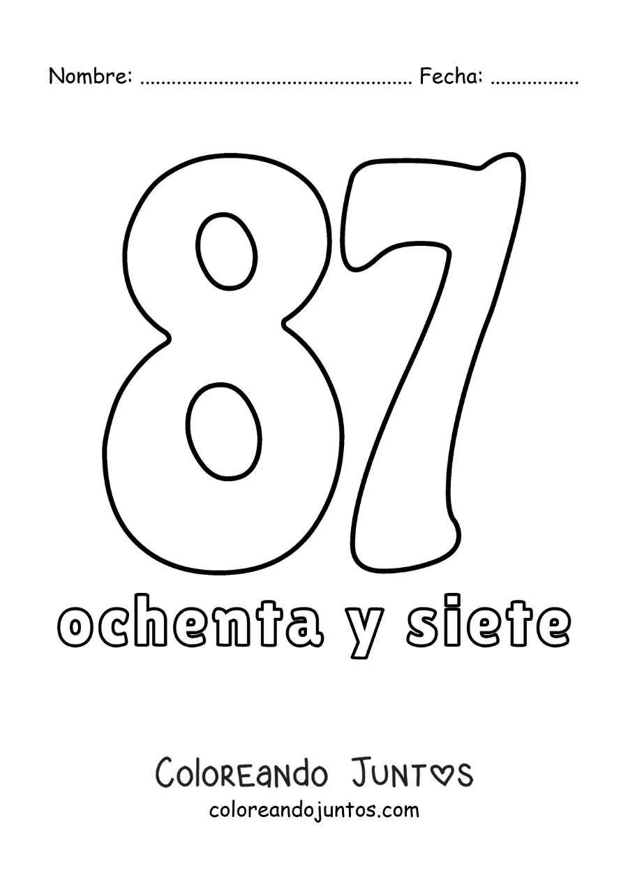 Imagen para colorear de ficha del 87 para aprender los números naturales