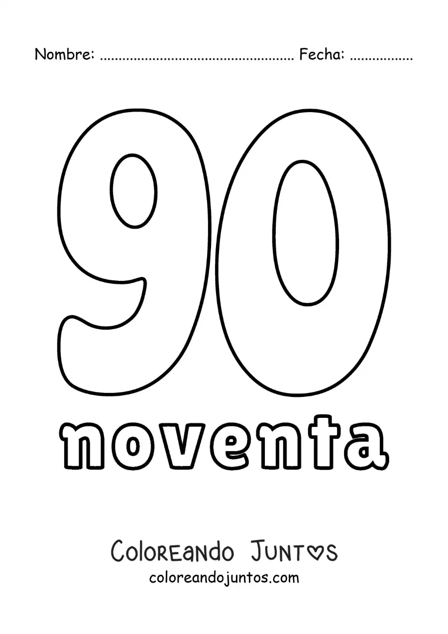 Imagen para colorear de ficha del 90 para aprender los números naturales