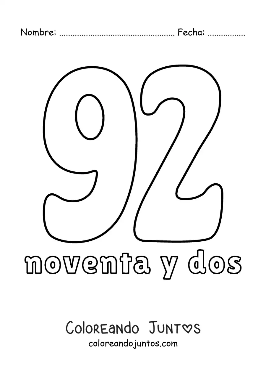 Imagen para colorear de ficha del 92 para aprender los números naturales