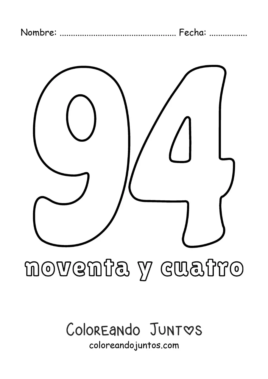 Imagen para colorear de ficha del 94 para aprender los números naturales