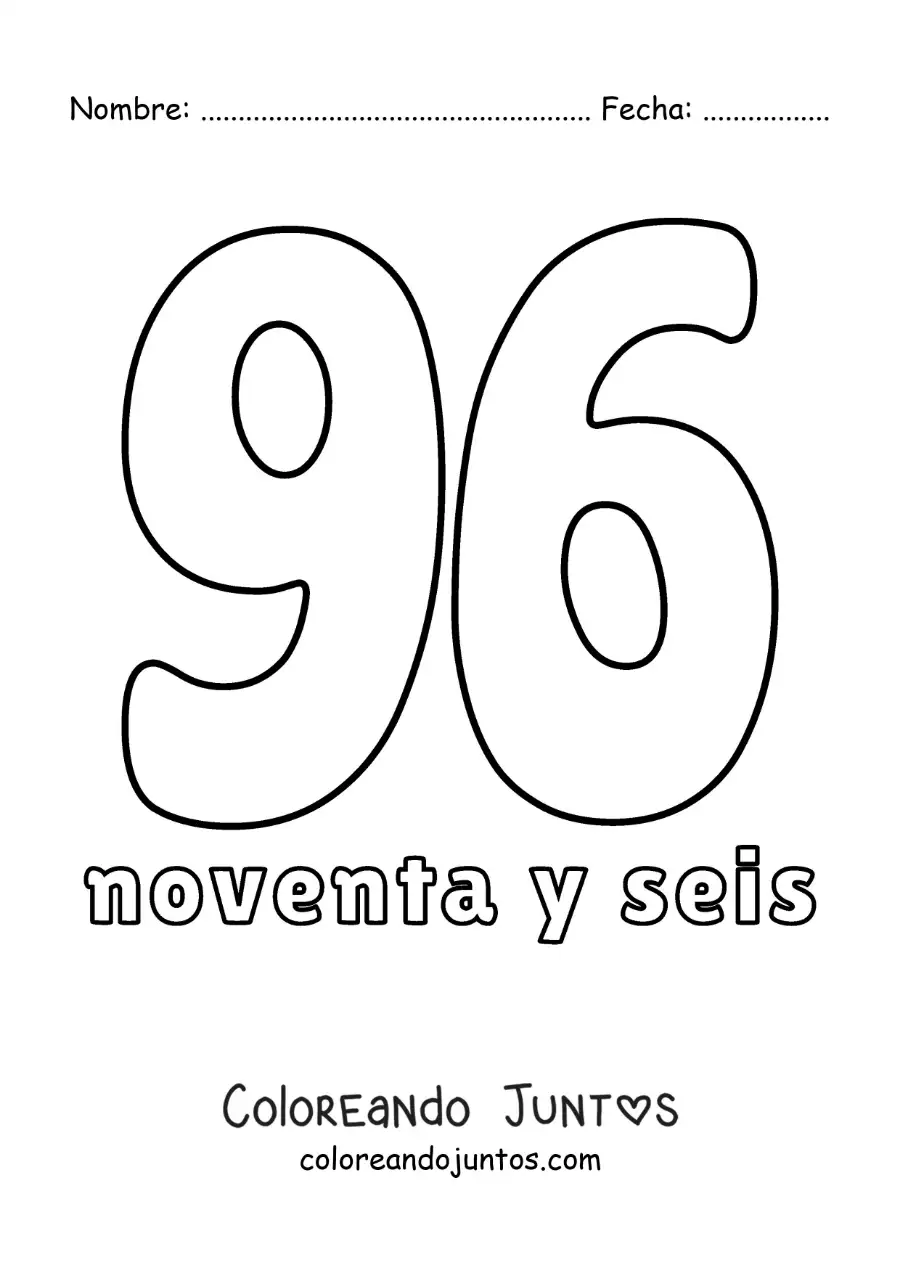 Imagen para colorear de ficha del 96 para aprender los números naturales