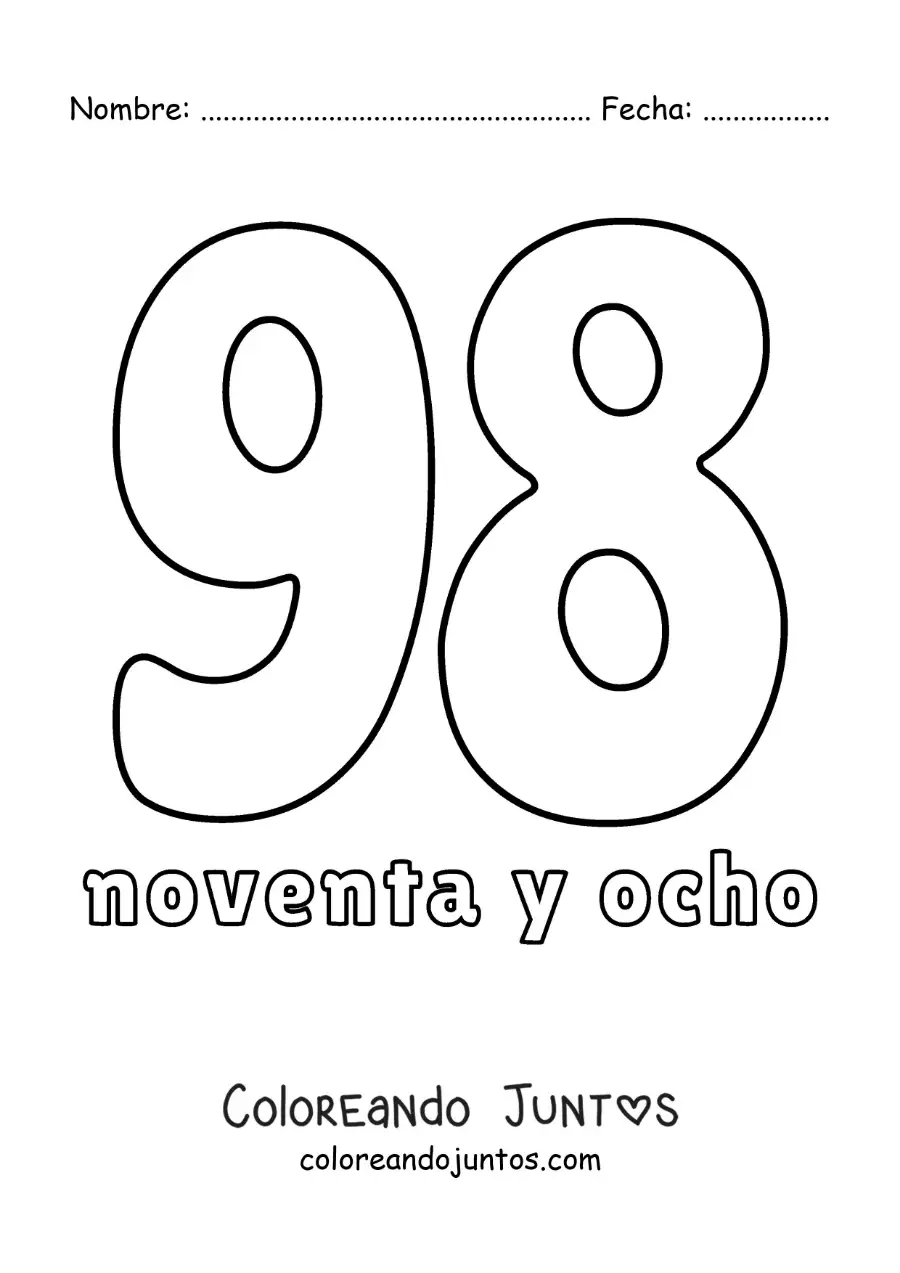 Imagen para colorear de ficha del 98 para aprender los números naturales