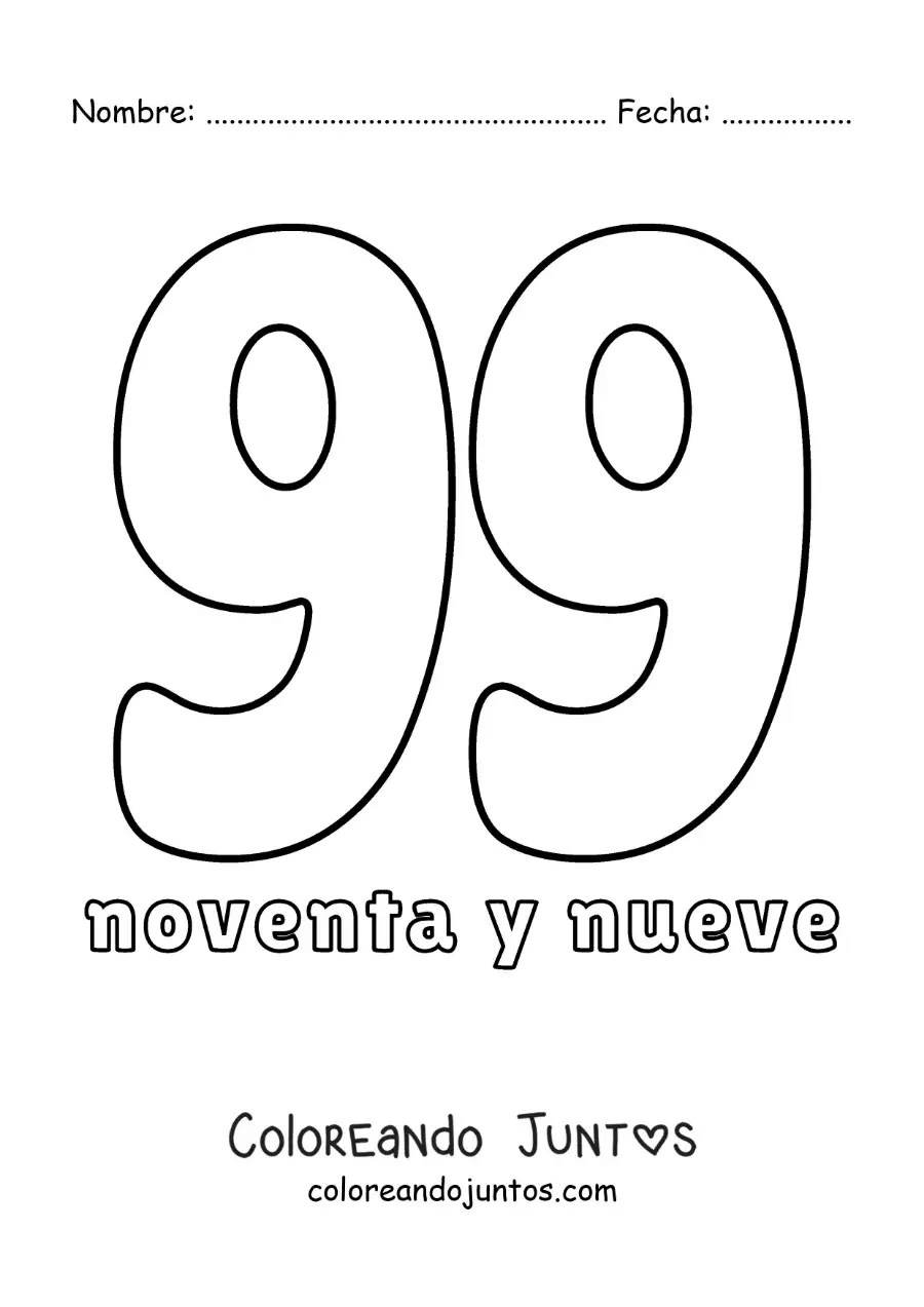 Imagen para colorear de ficha del 99 para aprender los números naturales