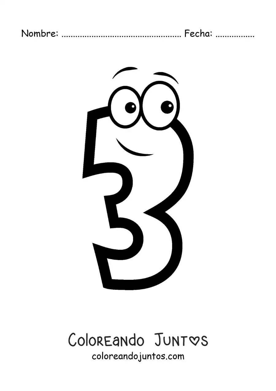 Imagen para colorear del número 3 animado para niños