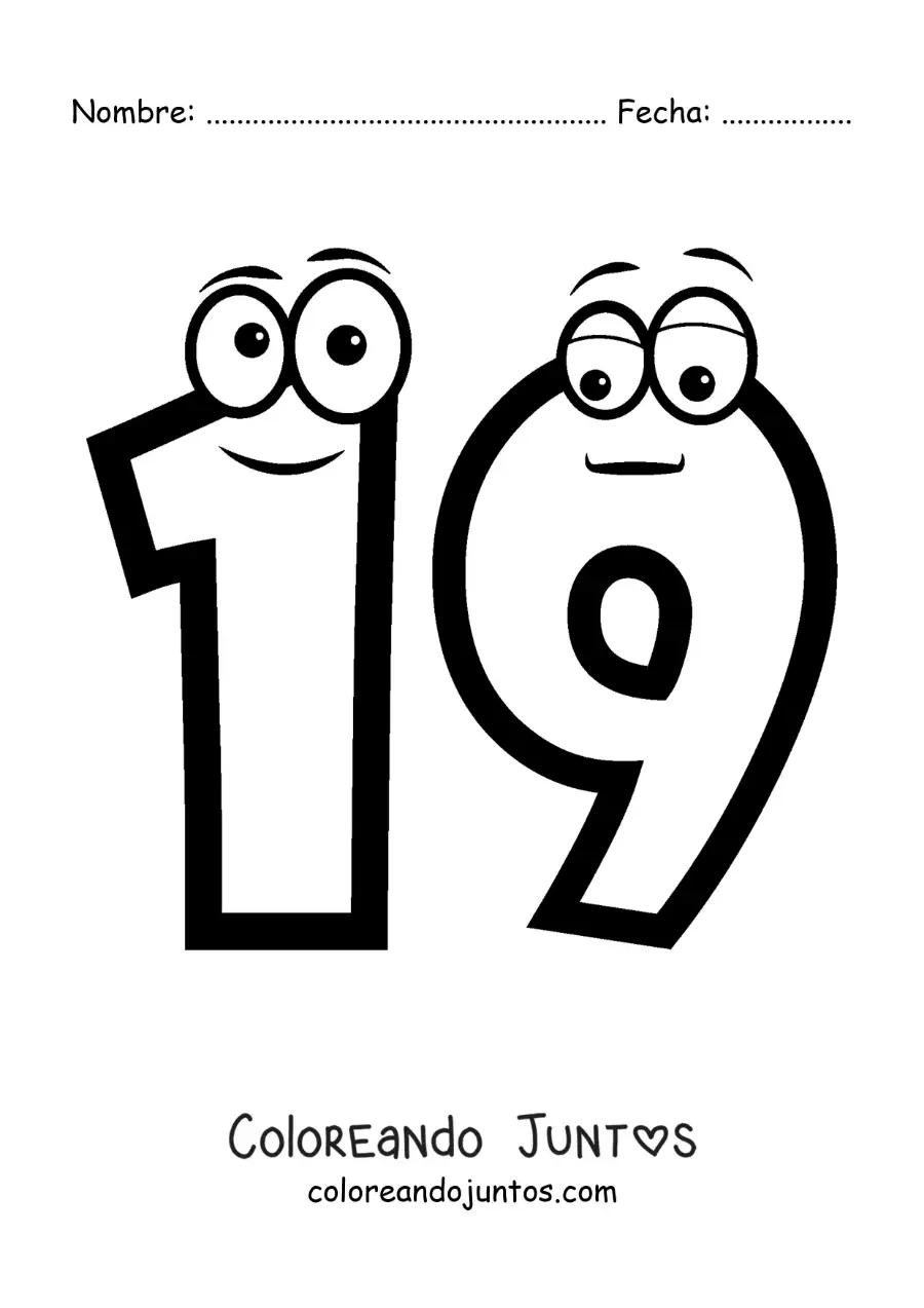 Imagen para colorear del número 19 animado para niños