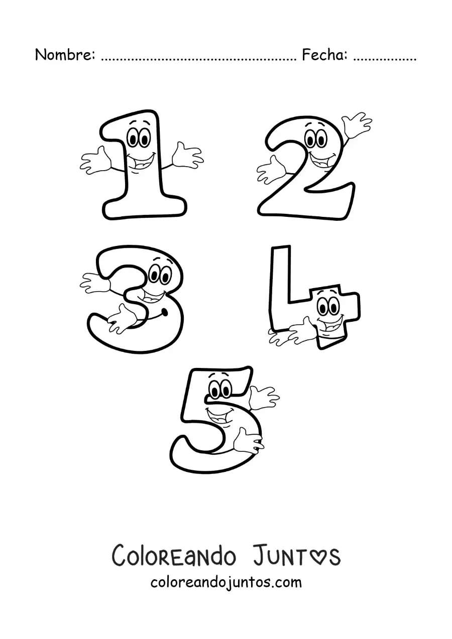 Imagen para colorear de los números del 1 al 5 animados para niños