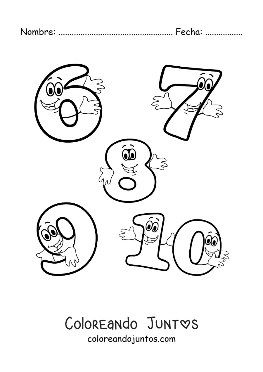Imagen para colorear de los números del 6 al 10 animados para niños