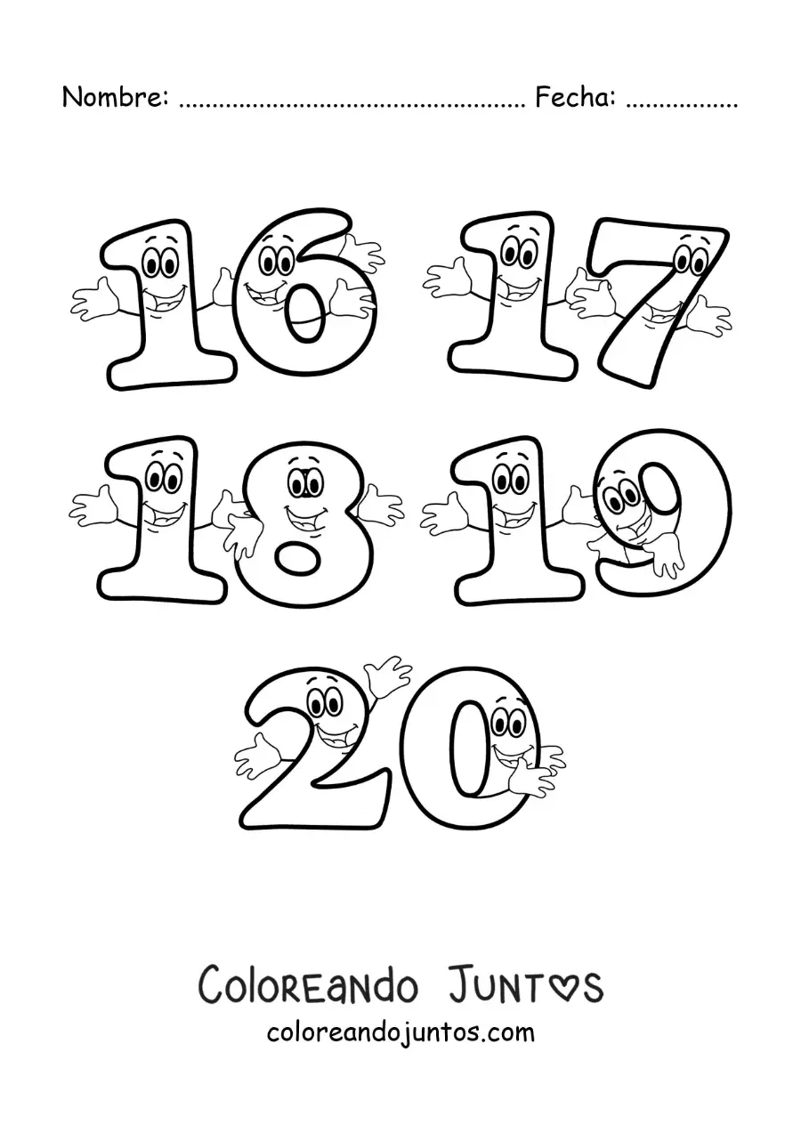 Imagen para colorear de los números del 16 al 20 animados para niños