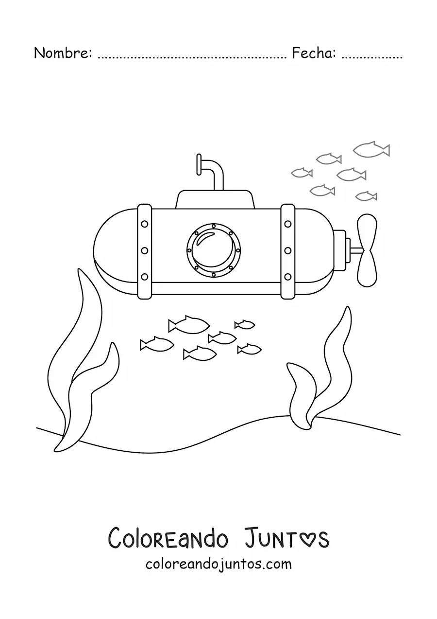 Imagen para colorear de un submarino alargado animado en el fondo del mar