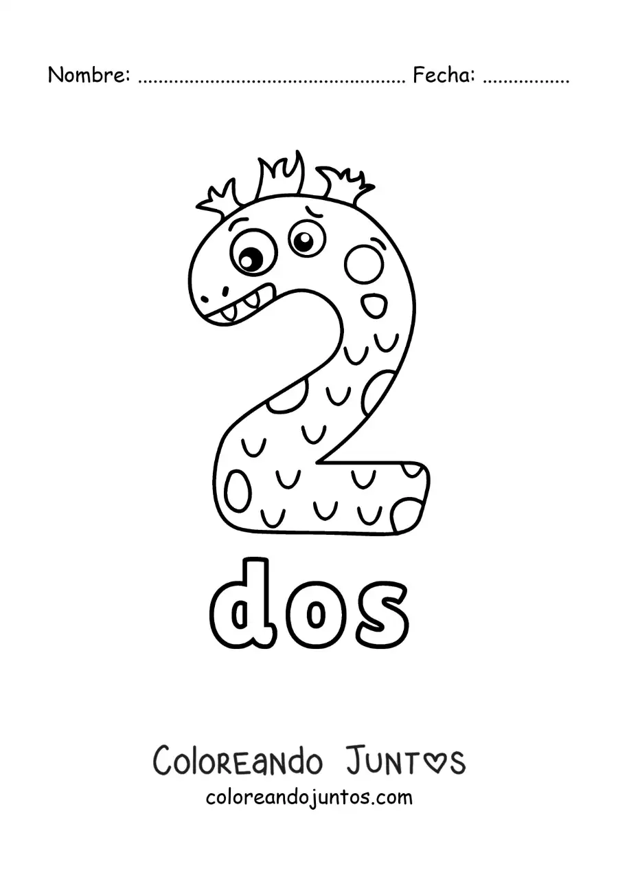 Imagen para colorear del número 2 con forma de monstruo animado de halloween