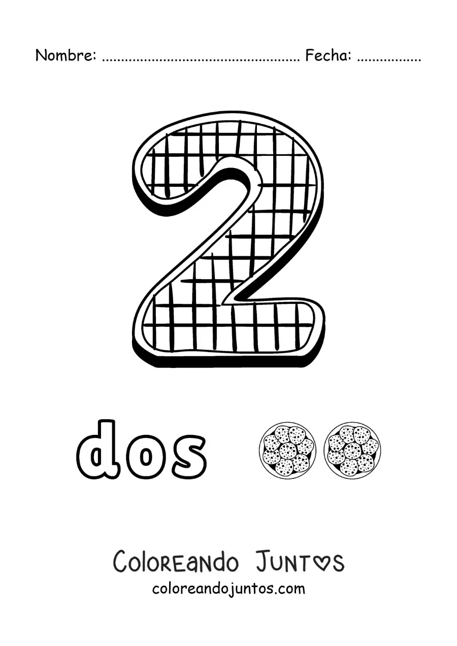 Imagen para colorear del número 2 animado con forma de galleta y objetos para contar