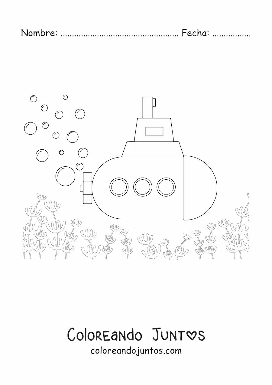 Imagen para colorear de un submarino en el fondo del mar con burbujas y peces