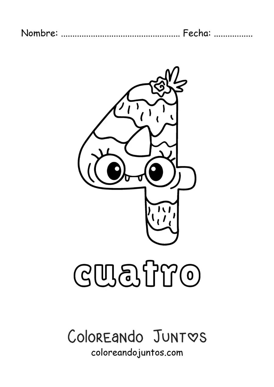 Imagen para colorear del número 4 con forma de monstruo animado de halloween