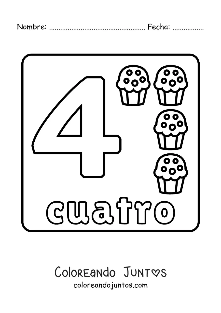 Imagen para colorear del número 4 con objetos para aprender a contar