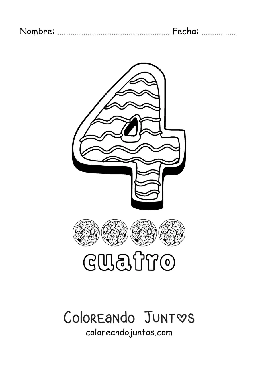 Imagen para colorear del número 4 animado con forma de galleta y objetos para contar