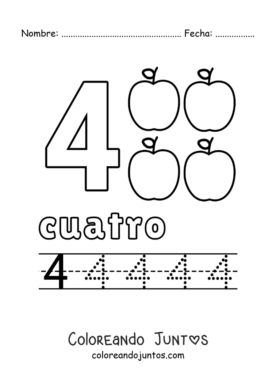 Imagen para colorear del número 4 con objetos para aprender a contar y trazar