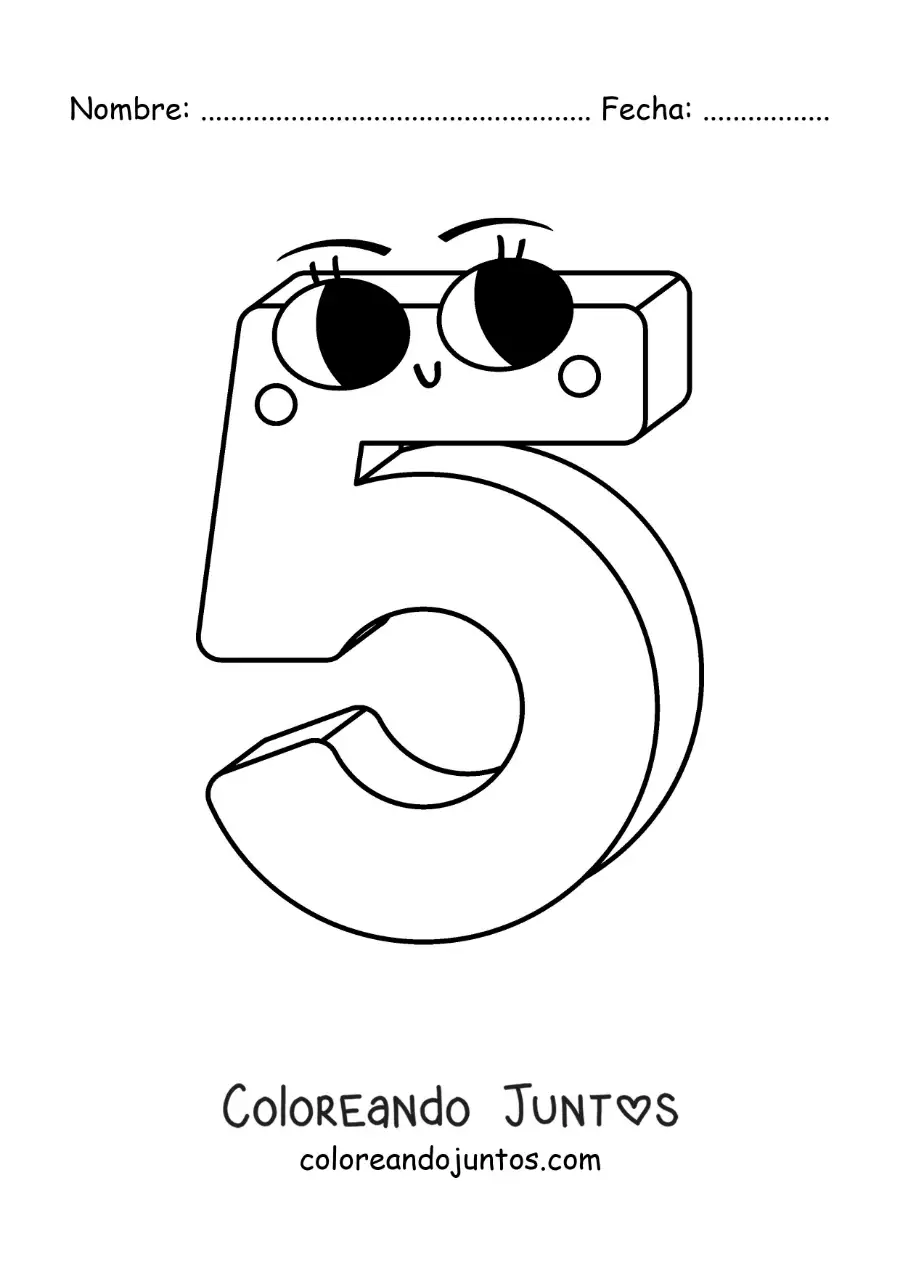 Imagen para colorear del número 5 animado infantil