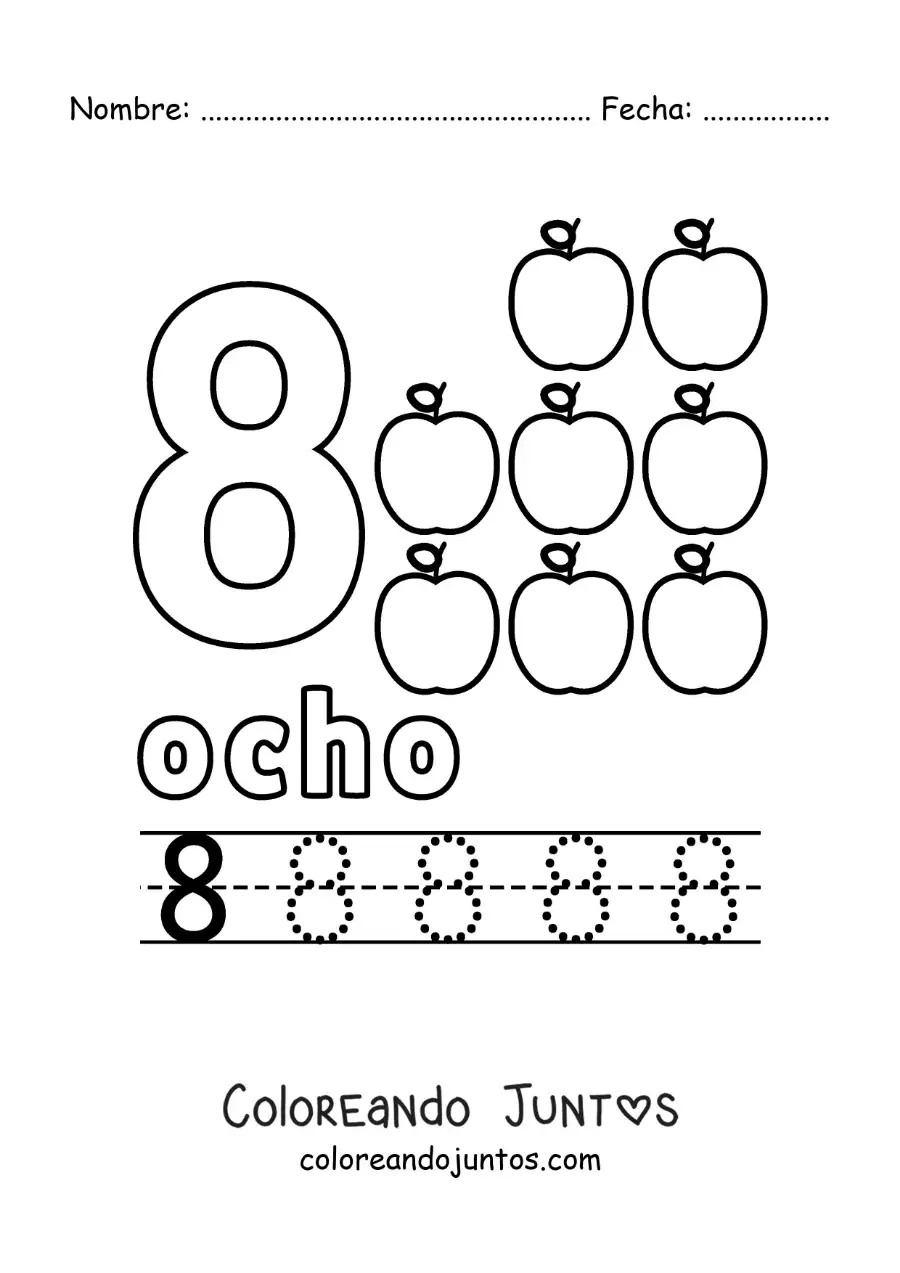 Imagen para colorear del número 8 con objetos para aprender a contar y trazar