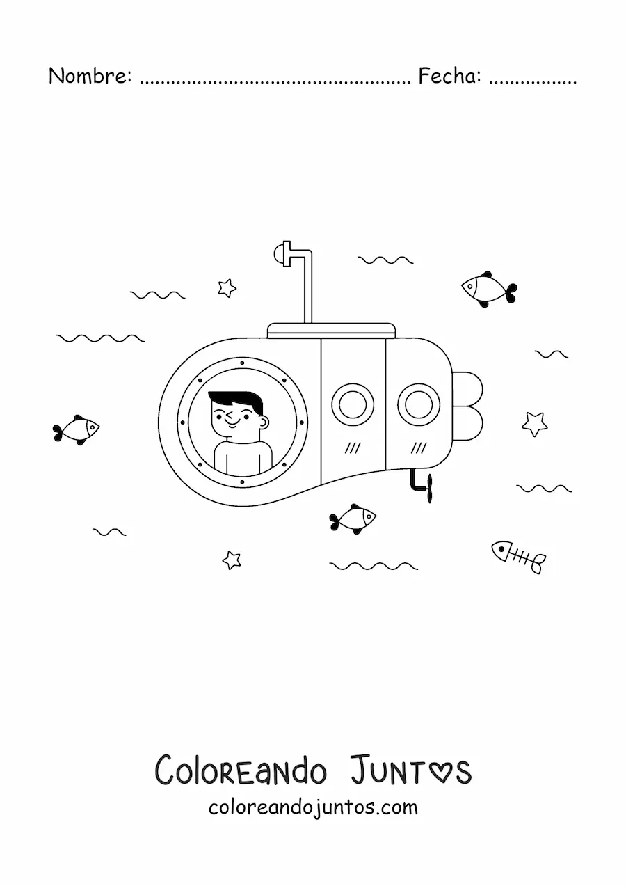 Imagen para colorear de un niño dentro de un submarino