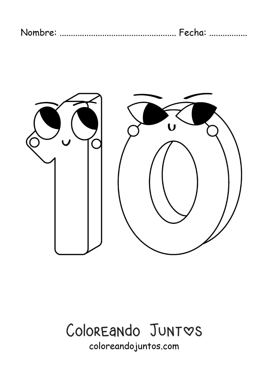 Imagen para colorear del número 10 animado infantil
