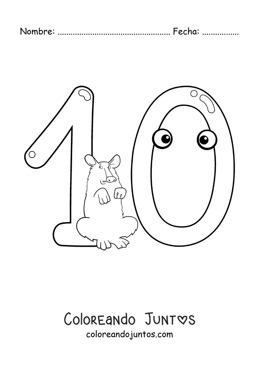 Imagen para colorear del número 10 animado divertido