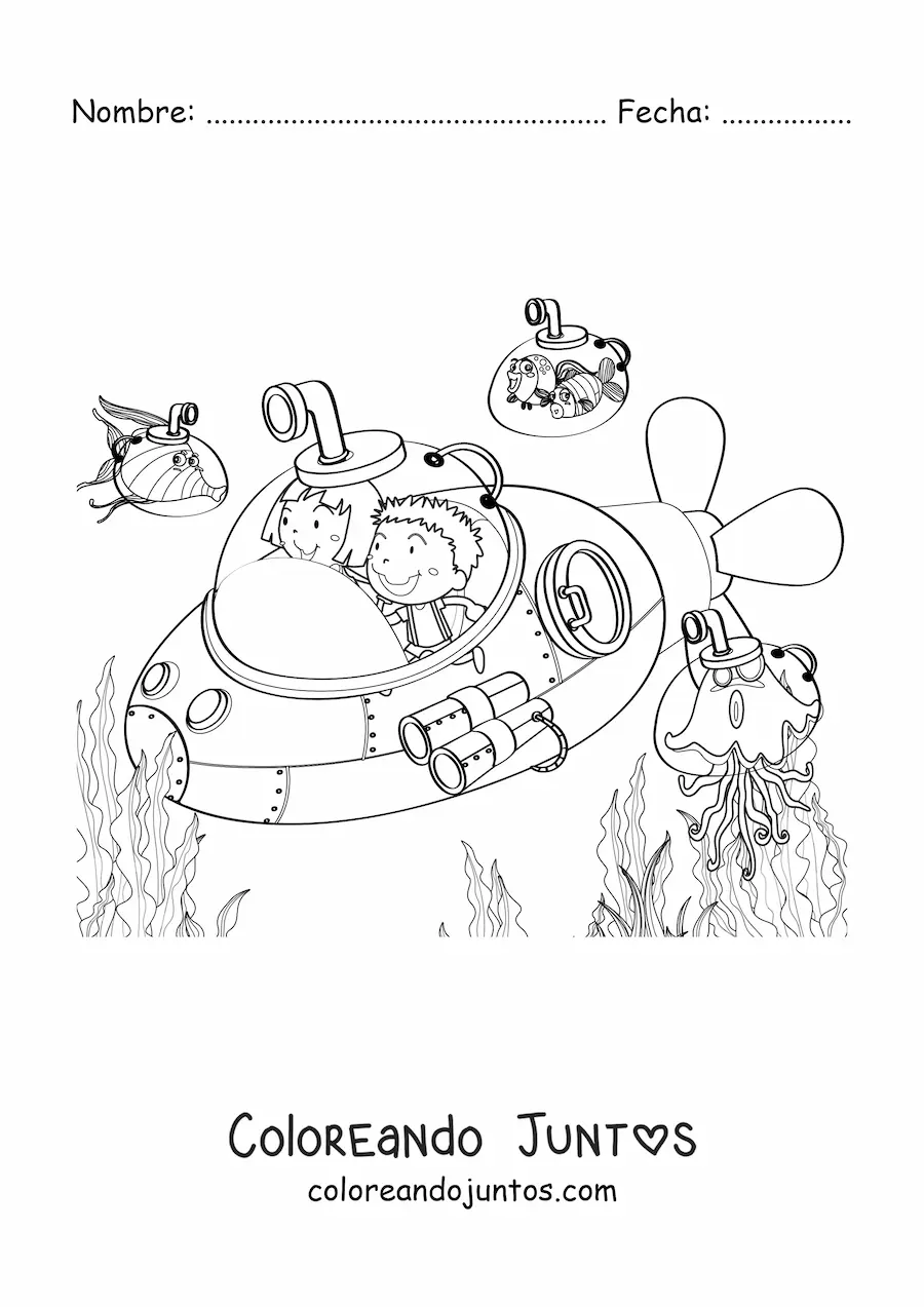 Imagen para colorear de dos niños dentro de un submarino con peces animados