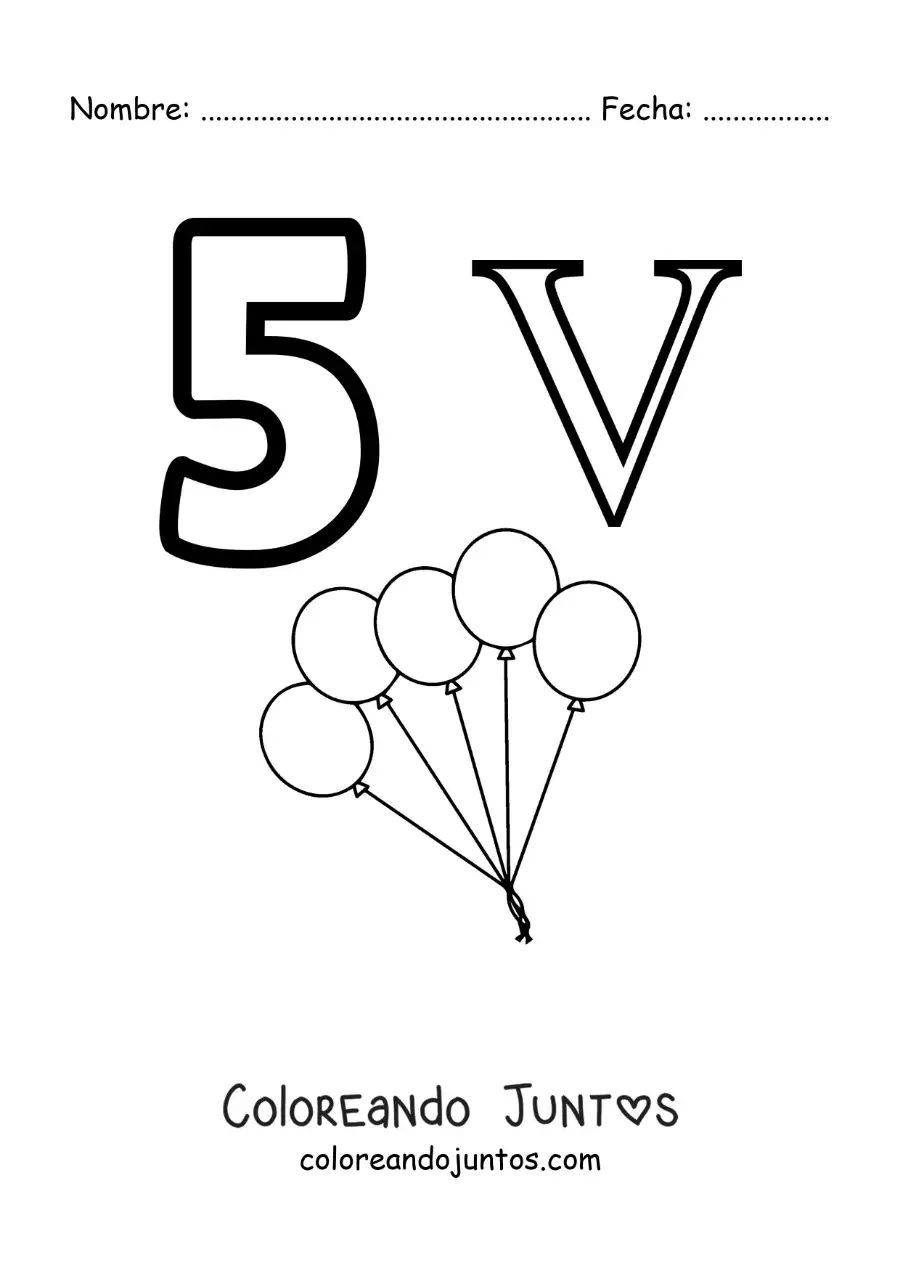 Imagen para colorear de ficha del 5 en números romanos con dibujos animados