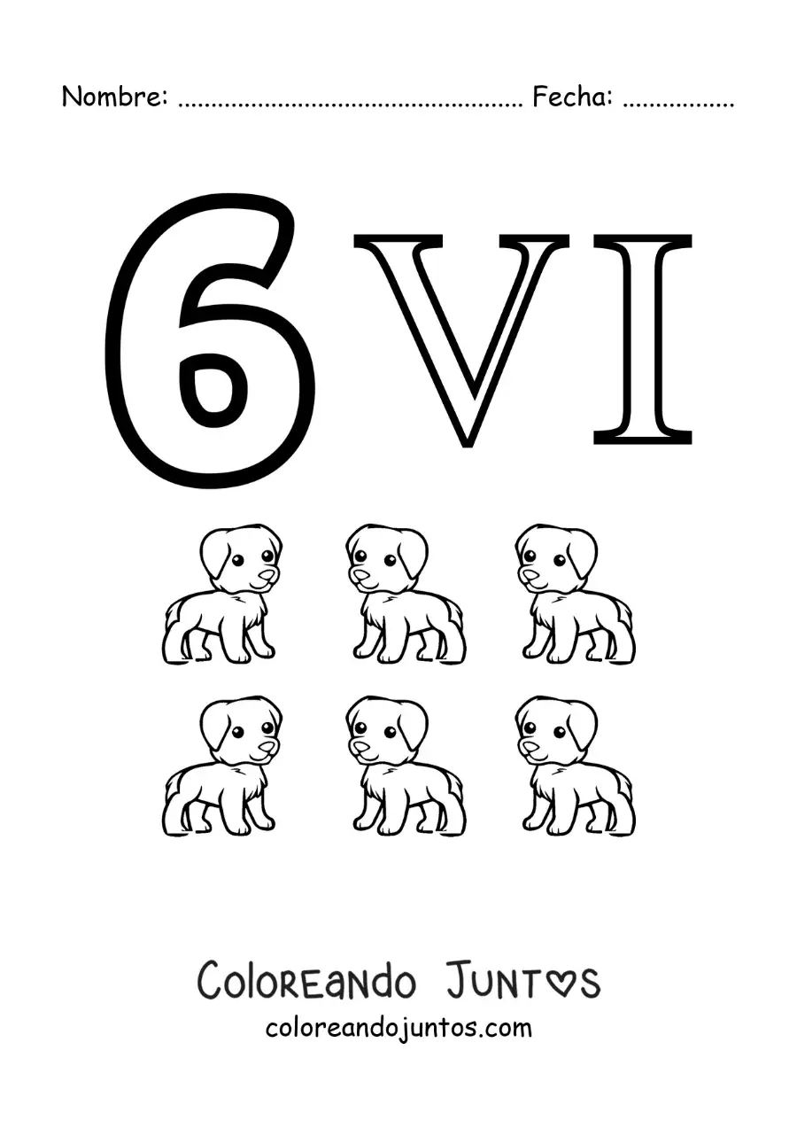 Imagen para colorear de ficha del 6 en números romanos con dibujos animados