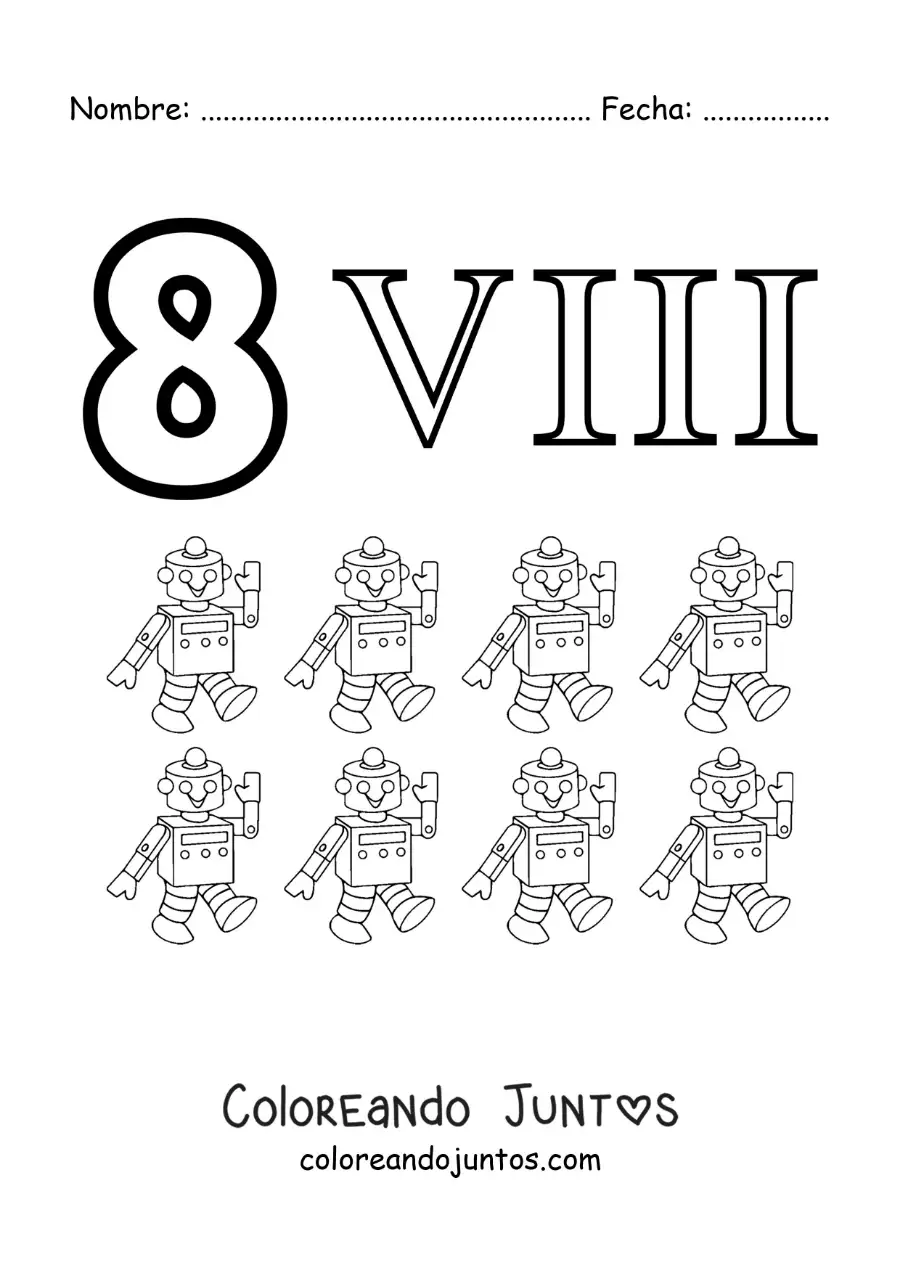 Imagen para colorear de ficha del 8 en números romanos con dibujos animados
