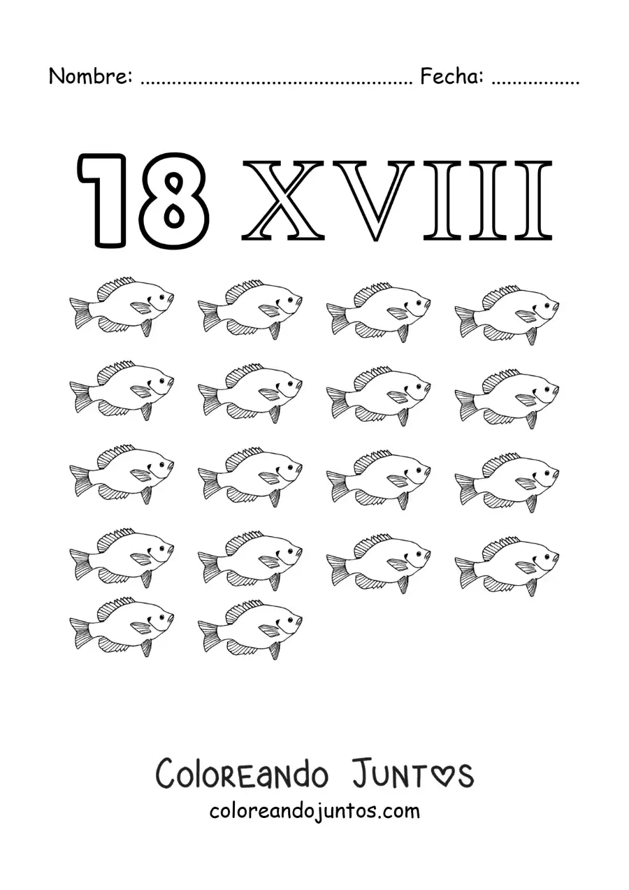 Imagen para colorear de ficha del 18 en números romanos con dibujos animados