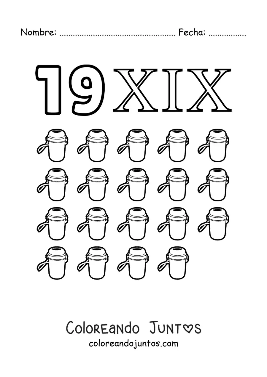 Imagen para colorear de ficha del 19 en números romanos con dibujos animados