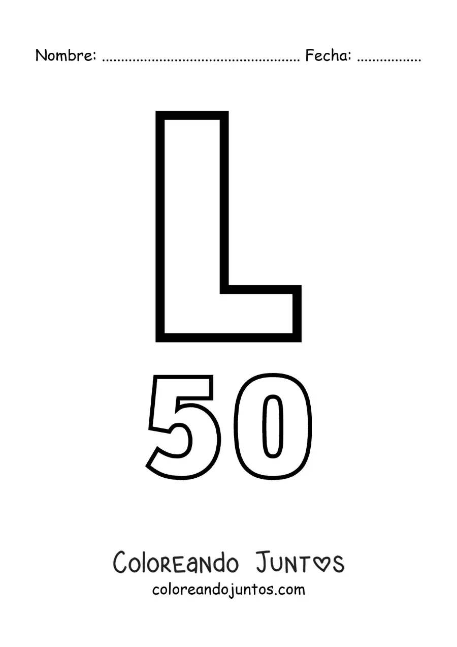 Imagen para colorear de ficha del 50 en números romanos con dibujos animados