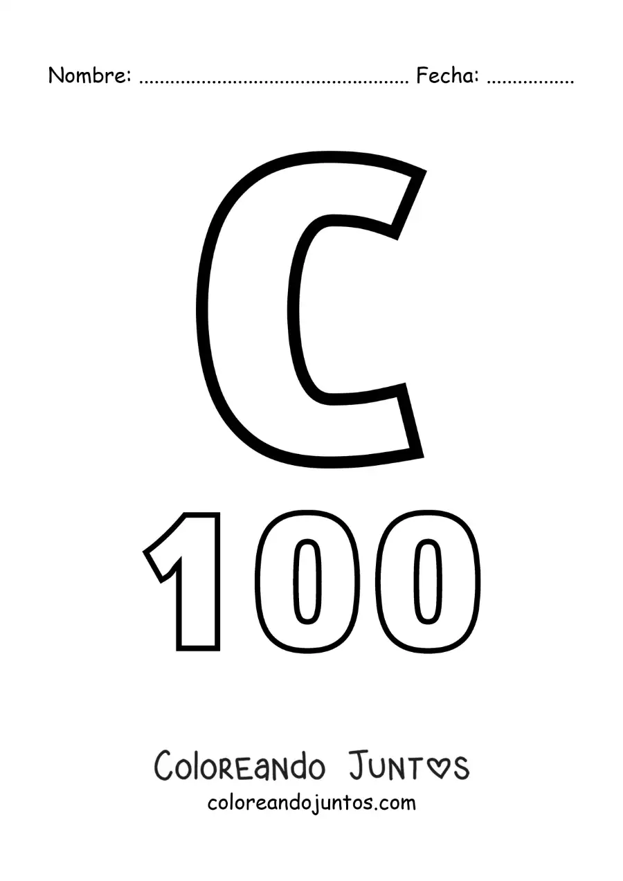 Imagen para colorear de ficha del 100 en números romanos con dibujos animados
